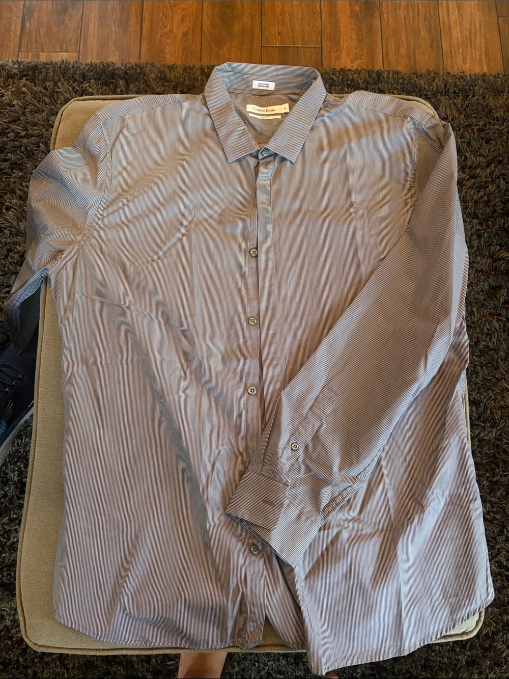 Calvin Klein Men's Button-Up Dress Shirt in Light Blue and White Microstripe